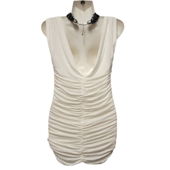 WHITE Ruched V Neck Low Back Mini Dress  Size M - NWOT - Picture 2 of 8